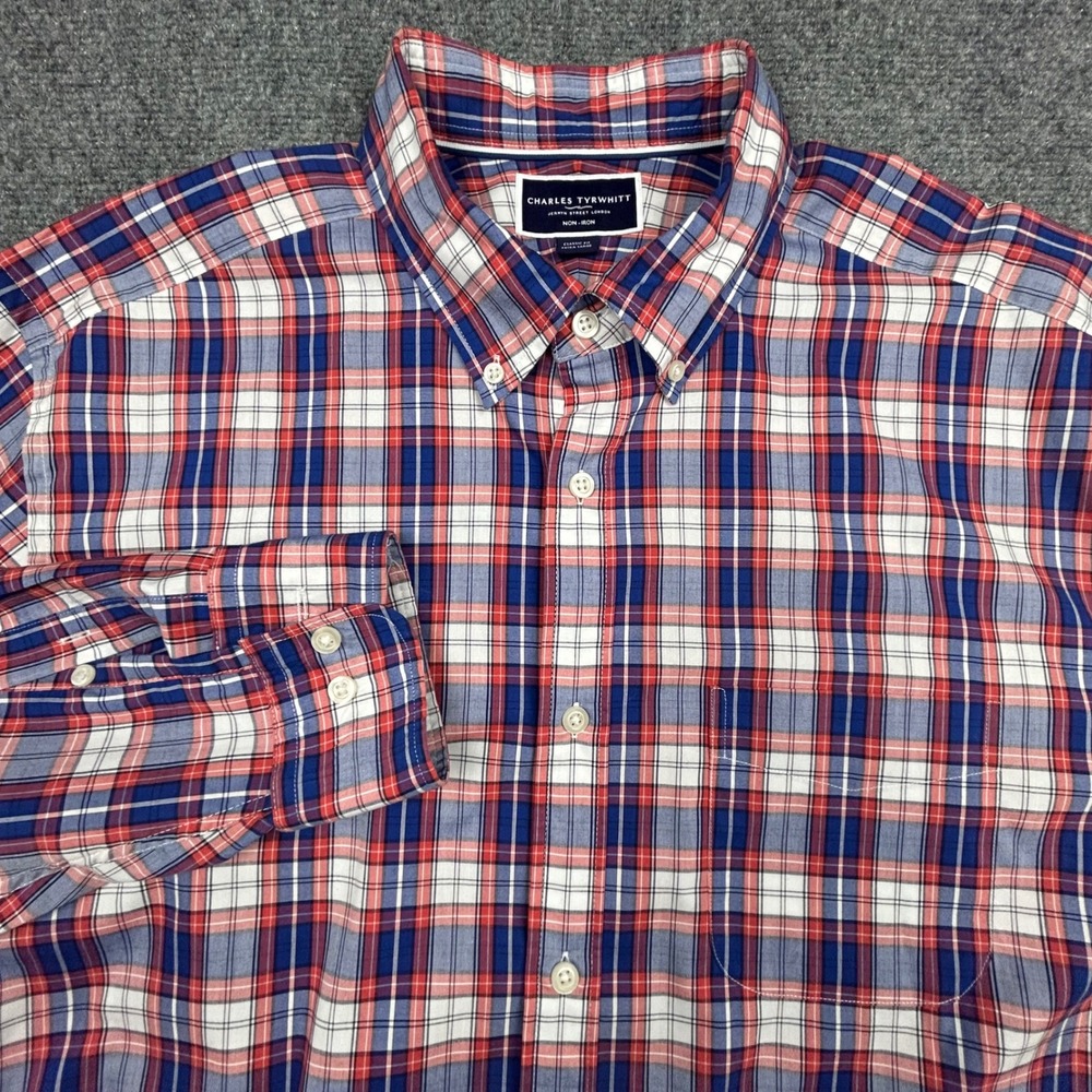 Charles Tyrwhitt Button Down Shirt Mens XL Red Blue Plaid Non-Iron Classic Fit